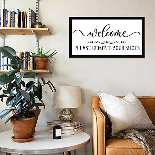 12x22in citação motivacional placa emoldurada em madeira com citações inspiradas bem -vindo, por favor remova seus sapatos estilo country black armação preta placa de madeira para casa de banheiro de banheiro decoração de parede de fazenda