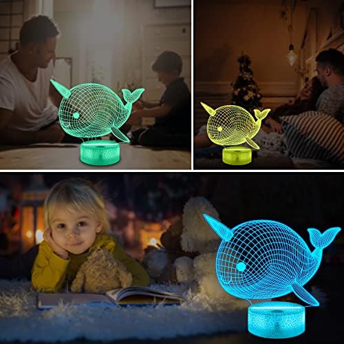 Amonita Narwhal 3D Lâmpada Night Night Light Unicorn Whale 3D Ilusão para crianças, 16 cores mudando com remoto,