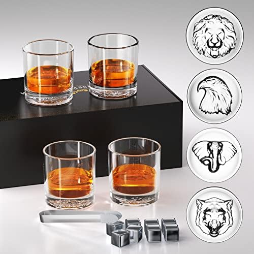 Teefrof Whisky óculos de óculos à moda antiga Conjunto de 4, 10 oz de vidro de bourbon com 8 pedras de uísque e caixa de presente,
