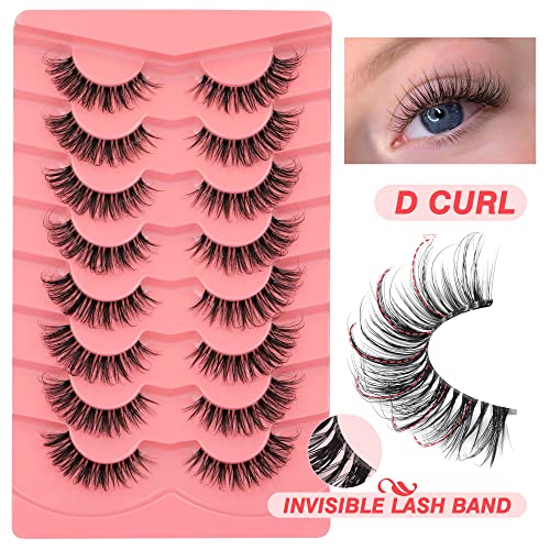 Cílios falsos visões naturais cílios finos com banda clara Fluffy D Curl 16mm Cat Lashes Pestañas Transparent Band Pack 8 Pares por Yawamica