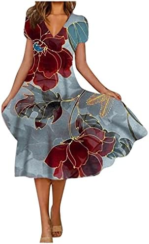 Vestido de manga curta de tamanho grande vestido de manga curta Vestidos de férias com pescoço floral de pescoço midi