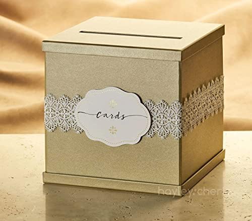 HAYLEY CHERIE® - Caixa de cartão -presente de ouro com renda branca e etiqueta de cartões - acabamento texturizado