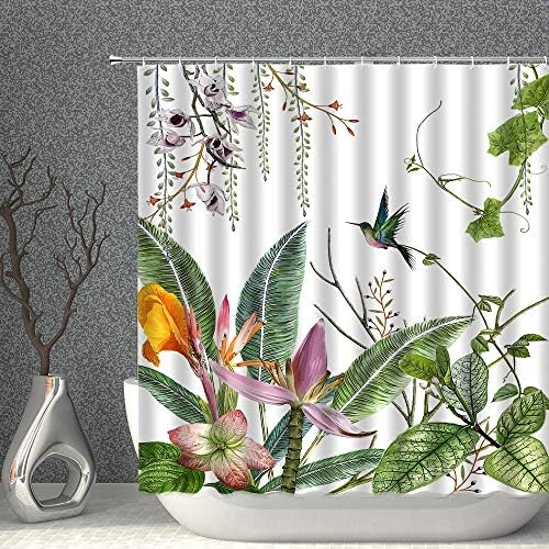 Cortina de chuveiro floral Tropical Plant Flowle Flel Hummingbird Decor cortinas de banheiro, poliéster com ganchos 70x70