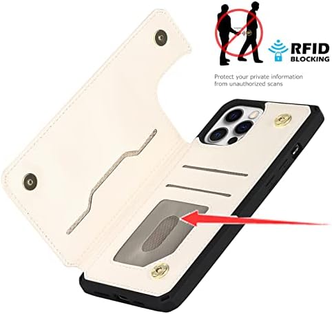 Jaorty iPhone 13 Pro Max Wallet Case com suporte para cartão de bloqueio RFID, botões magnéticos duplos de couro PU premium Stand Flip Wrist Strap Tampa traseira para mulheres Gilrs Caso 6,7 polegadas, bolinhas brancas