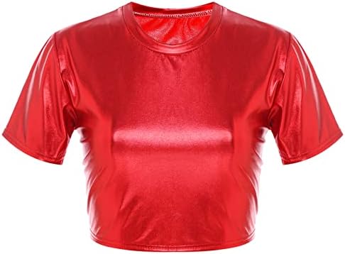 ACSUSS Mulheres Shiny Metallic Shorts Sleeve Dance Crops Tops Hip Hop Street Performance Dança da dança