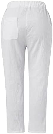 Calças de praia feminina calças folgadas casuais com calças de linho de borda respirável de bolso Slim