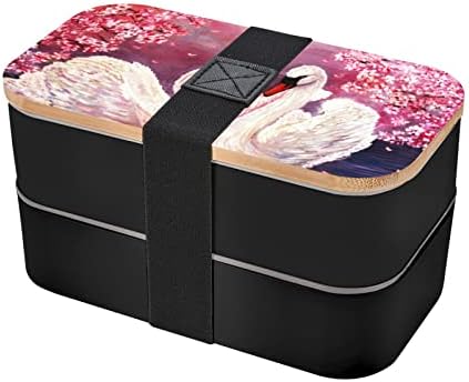 Cisnes brancos com almoço de árvore floral rosa com alça de bento com alça ajustável atualizada, recipiente de alimentos à prova de vazamento reutilizável empilhável, BPA Free, moda 2 níveis, adequado para piqueniques de acampamento para escolas de escritório.