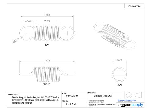 Primavera de extensão, 302 aço inoxidável, polegada, 0,42 OD, 0,037 tamanho do fio, comprimento livre de 1,5 , 3,39 comprimento estendido,