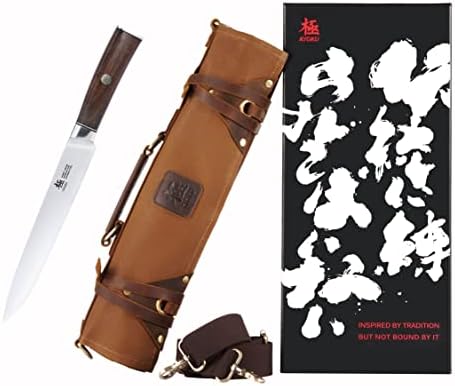 Kyoku Daimyo série de escultura na faca + bolsa de rolagem de faca de chef profissional marrom
