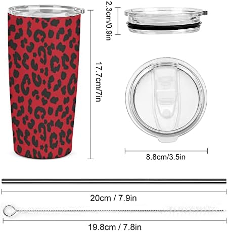 Impressão de animais de leopardo vermelho 20 onças de aço inoxidável copo, copo de copos isolados com tampa e pincéis de palha e palha, caneca de café de parede dupla de parede dupla