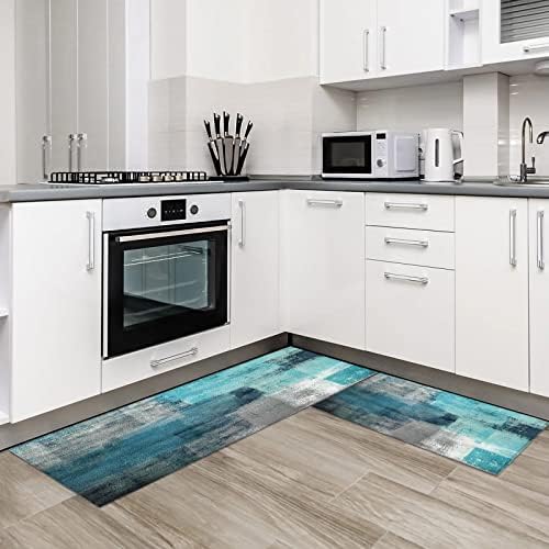Sigouyi Kitchats para piso, Turquoise Gray Abstract Art Painting Tapetes de cozinha, Ranta de decoração de cozinha