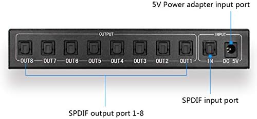 HDSUNWSTD SPDIF/TOSLINK Digital Optical Audio Splitter 1x8 Amplificador de áudio Amplificador com adaptador de energia