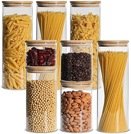 Comsaf Glass Spaghetti Pasta Storage Recipiente com tampas de 8, jarro de armazenamento de alimentos altos altos com capa de bambu, recipiente de armazenamento de cozinha para macarrão cereal de farinha de farinha