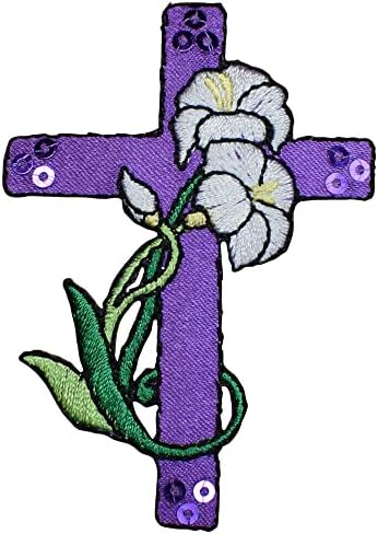 Appliques bordados cruzados - lantejoulas, roxo, flor de lírio, crachá de Jesus 2-3 / 4 - Ferro / costurar em manchas