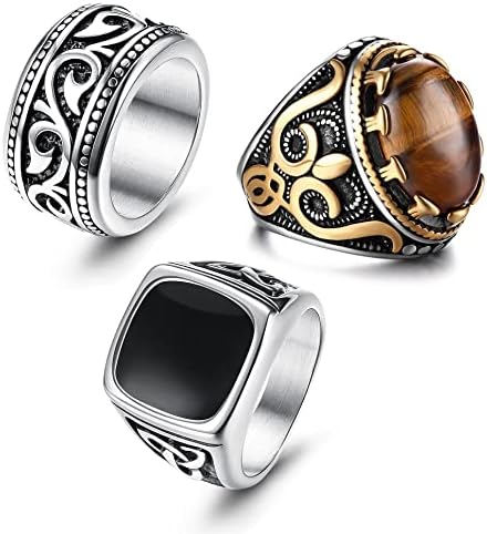 LOLIAS 3PCs Aço inoxidável Signete Biker Rings para homens, RETRO RETRAGE TIGER EYE Stone Mens Ring, Banda de nó Celta Black