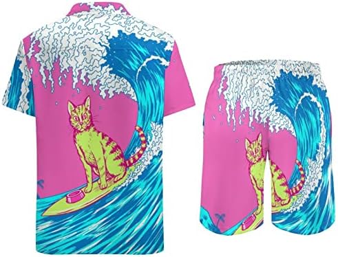 Surf Surfing Cat Men 2 Peça Conjunto de botão de botão de manga curta Camisas de praia Tries de camisetas soltas