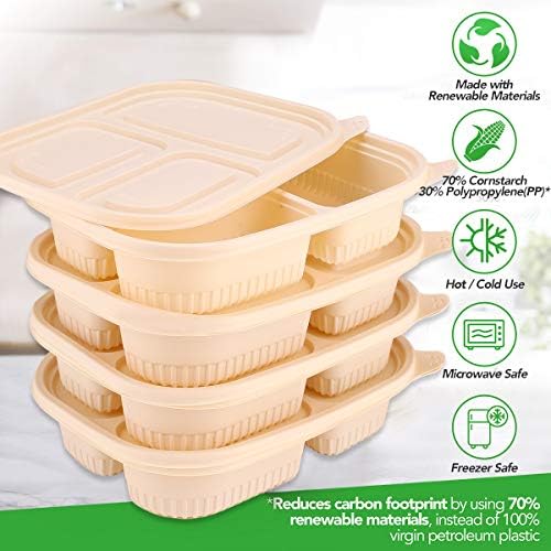 MONICA ECO-AMPENDIMENTO RECIMENTOS DE PREVELHA DE refeição 3 Compartimento 10pack Biodegradável descartável Lunhão de amido de milho 33 onças contrailer para o contêiner para ir, à prova de vazamentos, freezer de microondas, bege bege, bege, bege, bege