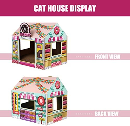 Sekam Cardboard Cat House com Scratcher/Catnip, Kitty Donut Shop para gatos internos/externos, Cat Play House & Home