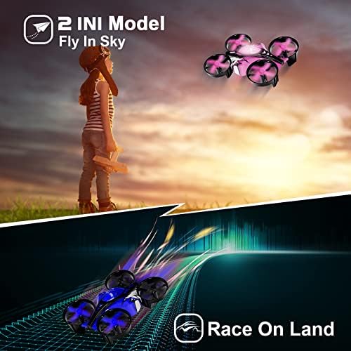 UNTEI 2 em 1 Mini drone para crianças drone de controle remoto com modo terrestre ou modo de mosca, luzes LED, pairando automático, flip 3D, modo sem cabeça e 4 baterias, brindes para meninos meninas meninas