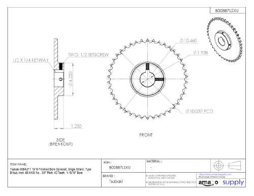 Tsubaki 60b42f-1r acabou com roda dentada, fita única, polegada, #60 ANSI No., pitch de 3/4 , 42 dentes, 1-15/16 Bore