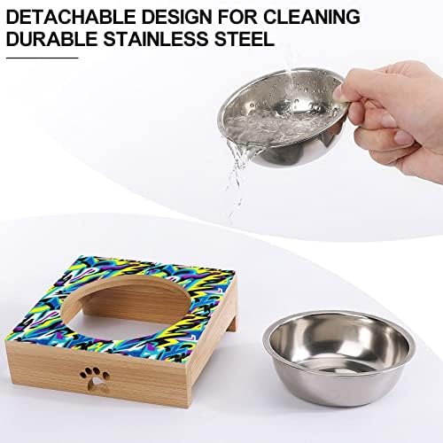 Blue Graphics_1 Cat Bowl Anti-Tomit, Tigela de gato elevada para gatos planos, cães pequenos, proteção da coluna para animais