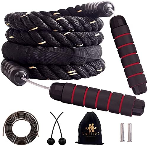 Corda de salto ponderado para fitness 3lb, corda de pulando sem fio de lefileu, cordas pesadas de treinamento de exercícios de batalha com alças de rolamento de espuma de 6 ”, corda ideal para homens e mulheres - 3 em 1 conjunto