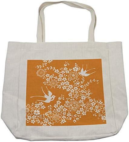 Bolsa de compras japonesa de Ambesonne, Oriental Floral Japanese Japonês Birds Voadores Padrão de Primavera Pastel, Bolsa
