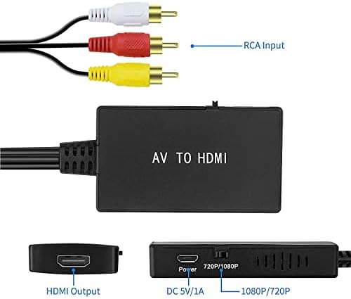 Tengchi RCA para HDMI Converter, AV ADAPTOR MACH para HDMI Suporte 1080p PAL/NTSC Compatível com PS One, PS2, PS3, STB, Xbox, VHS, VCR, DVD Blue-ray DVD Players