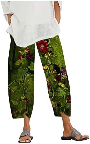 Calça de linho de algodão DSodan 2023, praia casual de perna larga de pernas largas yoga capris estampado floral calças