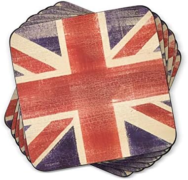 Coastas -russas de coleta de bandeira da Union Jack Pimpernel Jack | Conjunto de 6 | Placa com suporte de cortiça | Resistente ao calor e mancha | Coaster de bebidas para proteção de mesa | Mede 4 ”x 4”