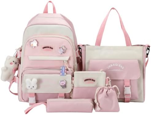 Mochila dahuoji kawaii Conjunto de mochila estética de 5pcs para adolescentes da escola Girls Daypack grande com pingentes