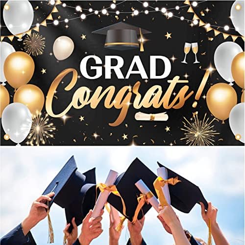 Parabéns Banner de graduação em preto e dourado decoração de pano de fundo 71x45 Parabéns aula de pós -graduação de 2023