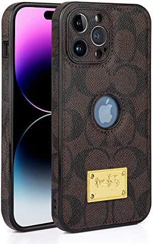Caixa de couro de grife para iPhone 14 Pro Max Case com protetor de câmera para homens, logotipo Slim View Classic Metal Namendplate Luxury elegante cobertura protetora à prova de choque para 14 Pro Max 6.7 Brown