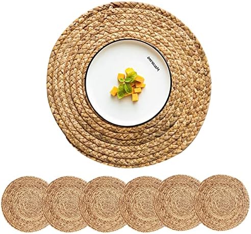 CY Irmãs redondas placemats conjunto de 6 rattan placemats tecidos placemats 13,5 polegadas de hacinth de vime natura