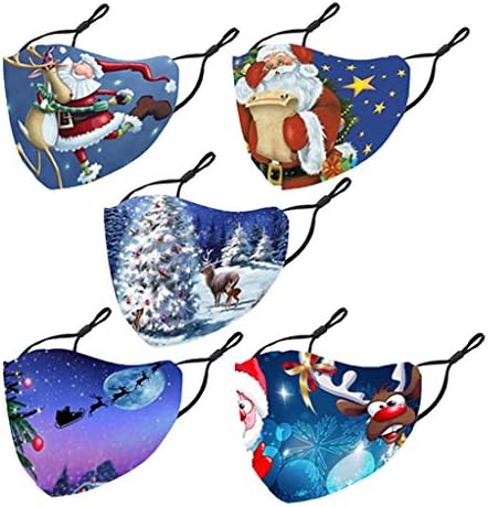 Cmofter 5-Pack Feliz Natal Face_Mask Ativado Carbono Exterior Impressão de Natal Reutilizável Cobertura de rosto