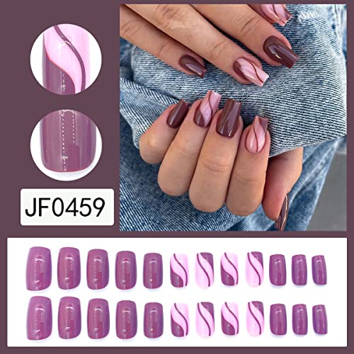 Diduikalor Pressione no meio do caixão do caixão, rosa com cola de design de linha em unhas com unhas falsas unhas falsas com designs bastão artificial brilhante nas unhas pregos estáticos para mulheres e meninas 24pcs unha art manicure decoração