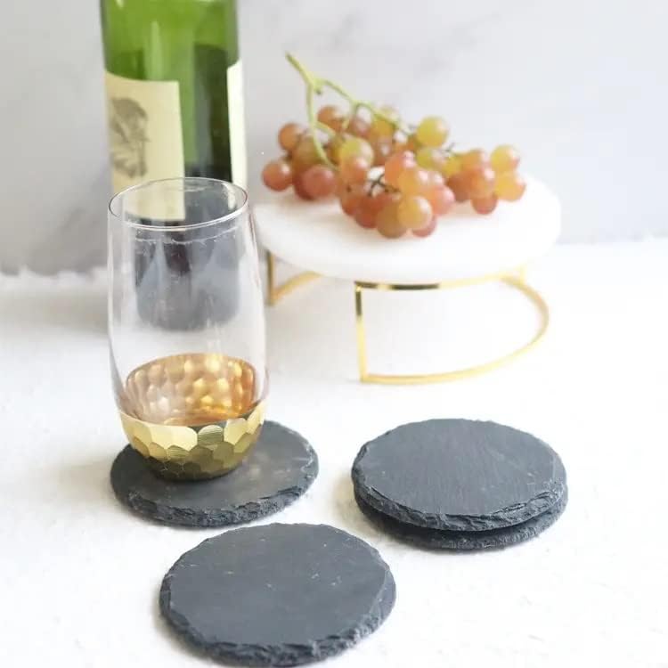 Coasters de bebidas modernas. Elegante 4pcs 4 Black Slate Stone Drink Coaster Conjunto com baixo anti-arranhão e porta-copos para