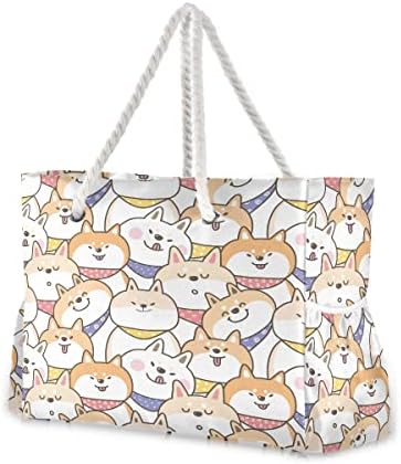 Bolsa de praia de Alaza, desenho animado Shiba Inu Dog ombro de praia com alças de corda de algodão