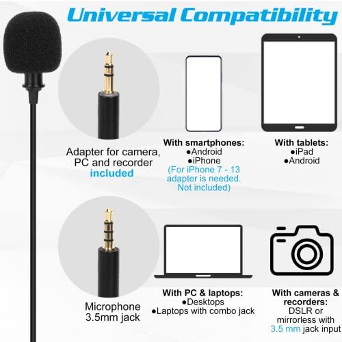 Microfone de lapela Lavalier de grau profissional para CAT S22 S23 Flip compatível com iPhone ou câmera blogging vlogging