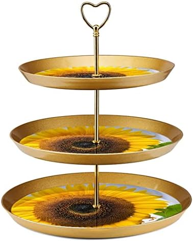 3 Placa de fruta de cupcakes de 3 camadas de sobremesa Plástico para servir suporte de exibição para casamento de aniversário Decorações de chá de chá de chá de bebê redondo, helianthus girassol planta flor Flor