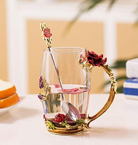 Guon-Wuvl Handicraft Crystal Glass 3D Flower Flows Caneca de chá com colher de chá para mulheres café, chá, suco, cerveja,