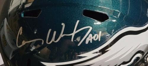 Carson Wentz assinou o capacete autografado Eagles com pop! Figura Fanáticos - Capacetes NFL autografados