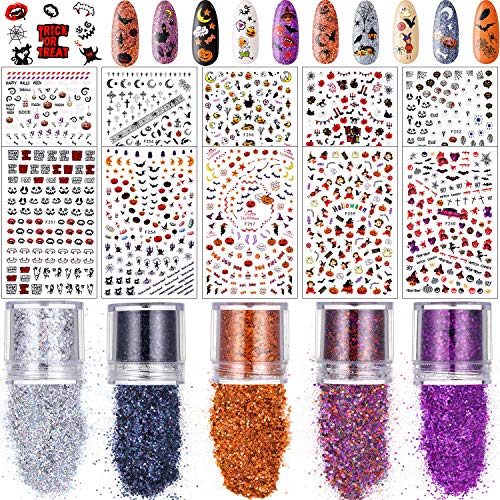 1200 peças Decalques de unhas de Halloween adesivos e 5 cores lantejoulas holográficas de brilho grossa para dicas de design