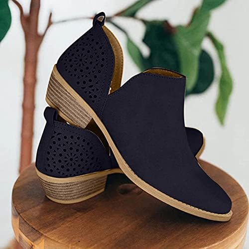 Botas de couro para mulheres com calcanhar baixo Botas de boca Botas cor de dedo oco de pé sólido redondo botas de botas de