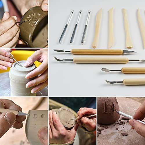 Ferramenta de cerâmica, conjunto de ferramentas de escultura em argila, conjunto de ferramentas de argila, alça de madeira lisa com bolsa de ferramentas.