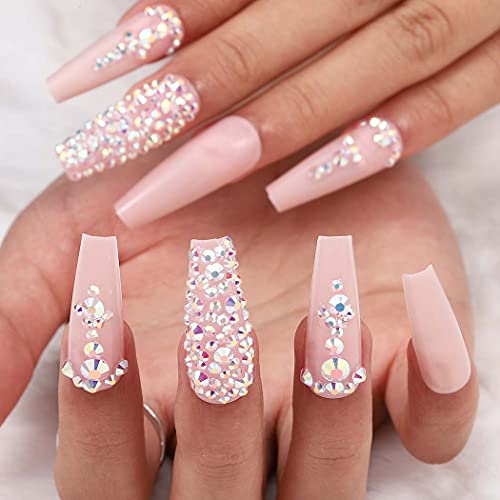 O Outyua 3D Rhinstone pressiona as unhas com o caixão de brilho de design brilho extra unhas falsas de unhas falsas rosa super