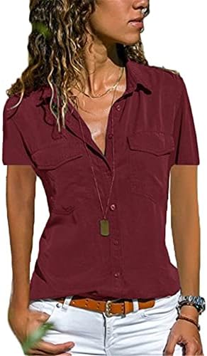 Andongnywell Women Solid Color Lapela Camisas de manga comprida Tops Páfeos dianteiros de tamanho grande