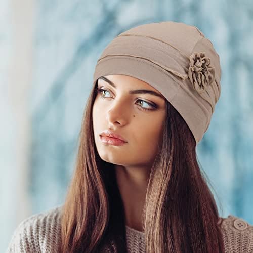 4 peças mulheres tampas de turbante tampas de algodão chapéu de cabeceira de cabeceira de dormir elástica hat hat hat winter wox suave gorro vintage, preto cáqui cinza bordô