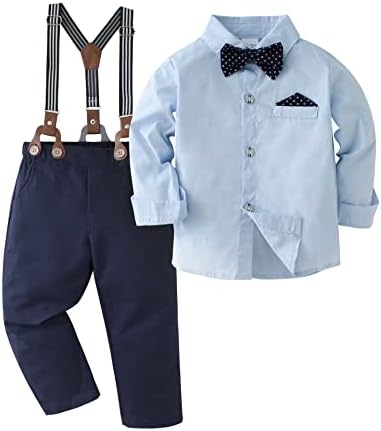 Disur Baby menino roupas de roupa, camisa de vestido de criança com raio + calça suspensa conjuntos de roupas cavalheiros