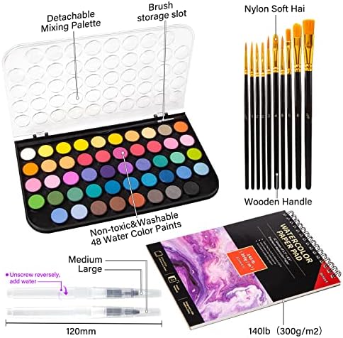 Conjunto de tinta em aquarela, Briout 48 Cores em aquarela com 10 pincéis, 2 caneta de pincel de água recarregável, 12 folhas de Profesionales Watercolor Paper Pad, cores de água para adultos, crianças e iniciantes